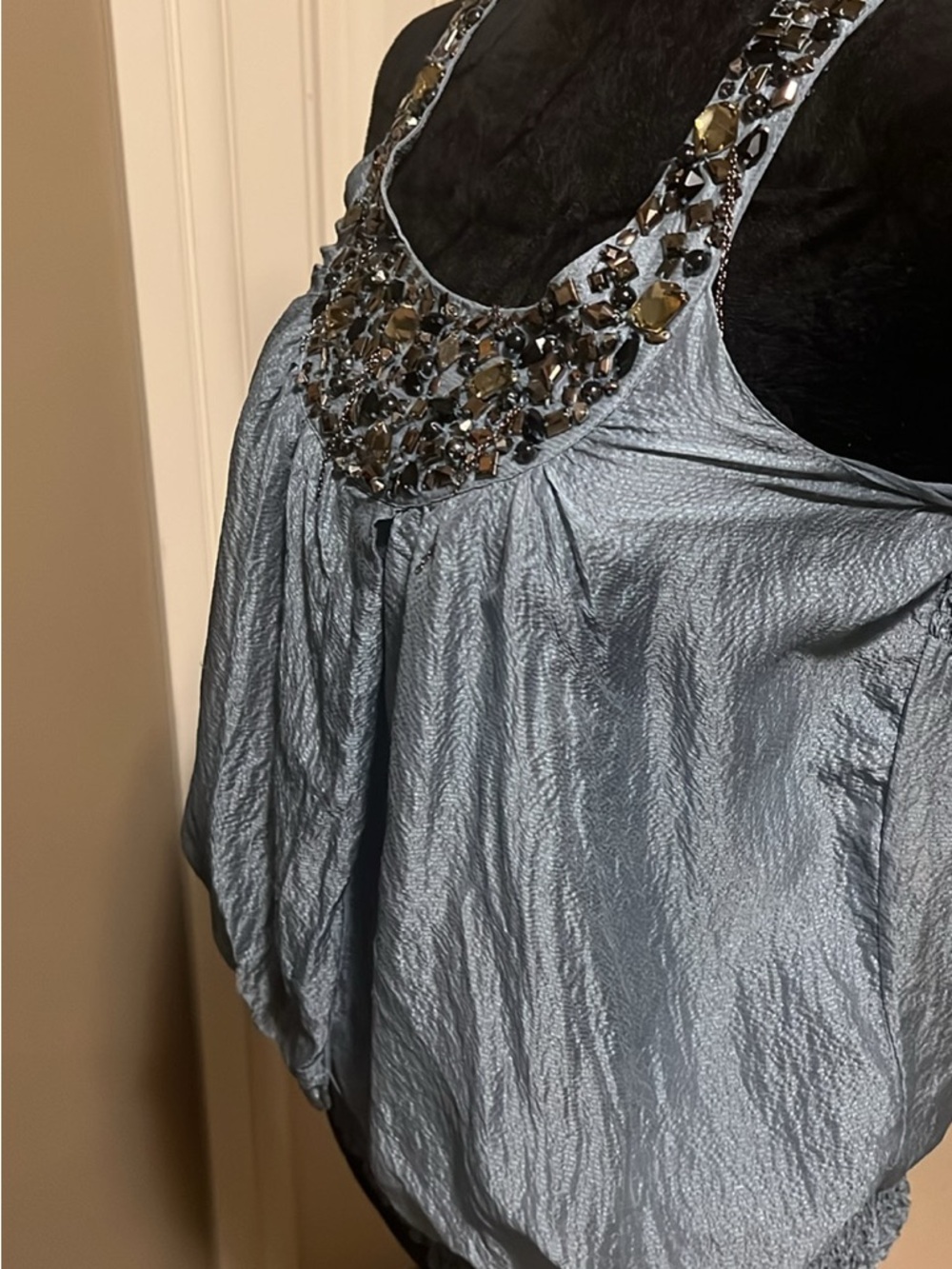 bebe light Blue Silk Metallic Beaded Camisole